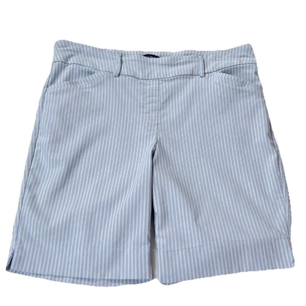 Hilary Radley Pull On Bermuda Shorts Striped Blue White Pockets Large Stretch